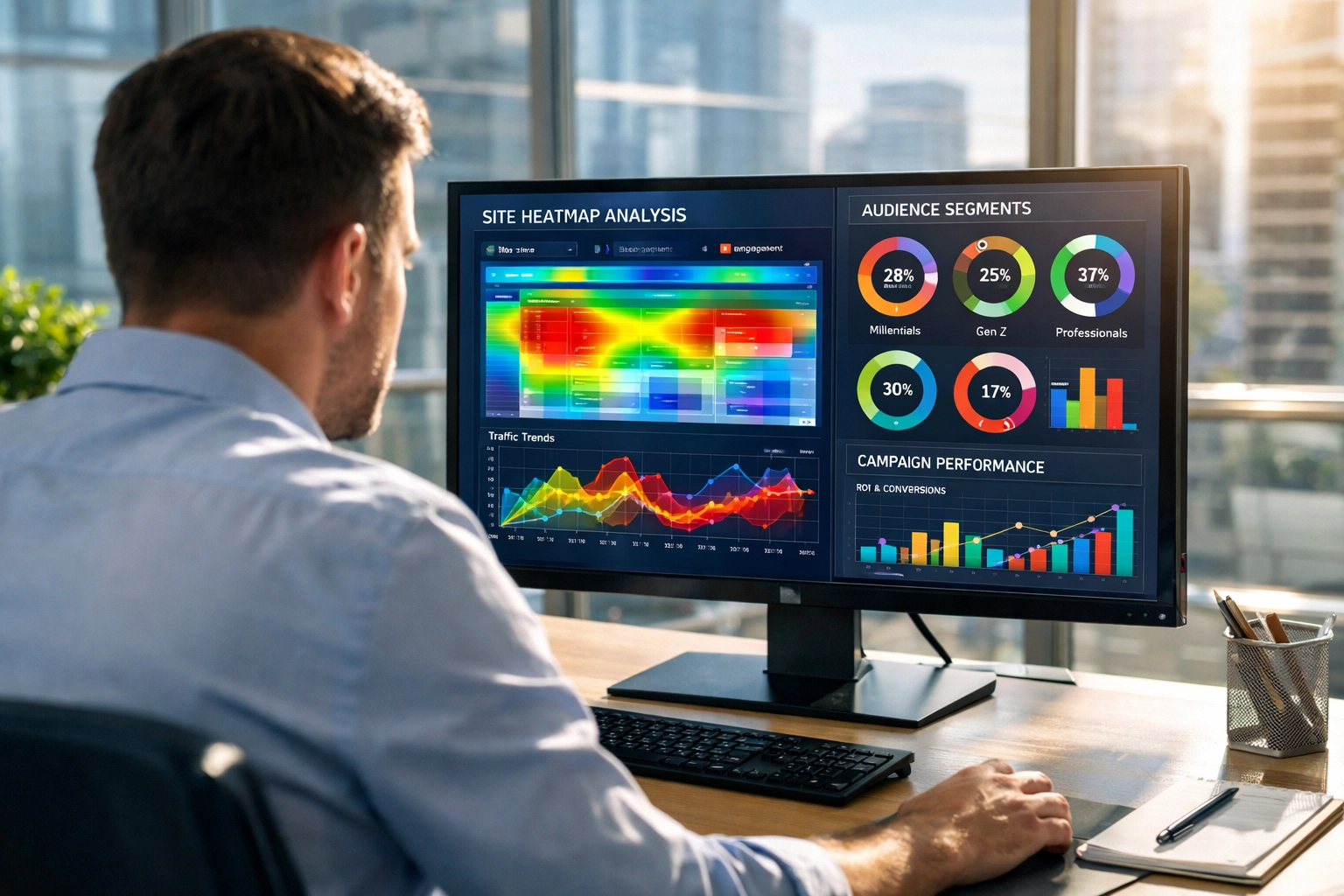 A marketing strategist analyzing complex data visualizations and heatmaps for a targeted advertising campaign.