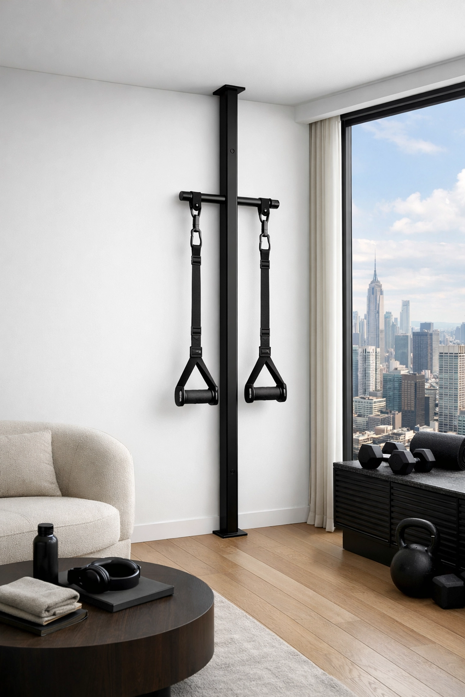 Minimalist Resistance Rail home gym system installed in a luxury apartment without wall damage.