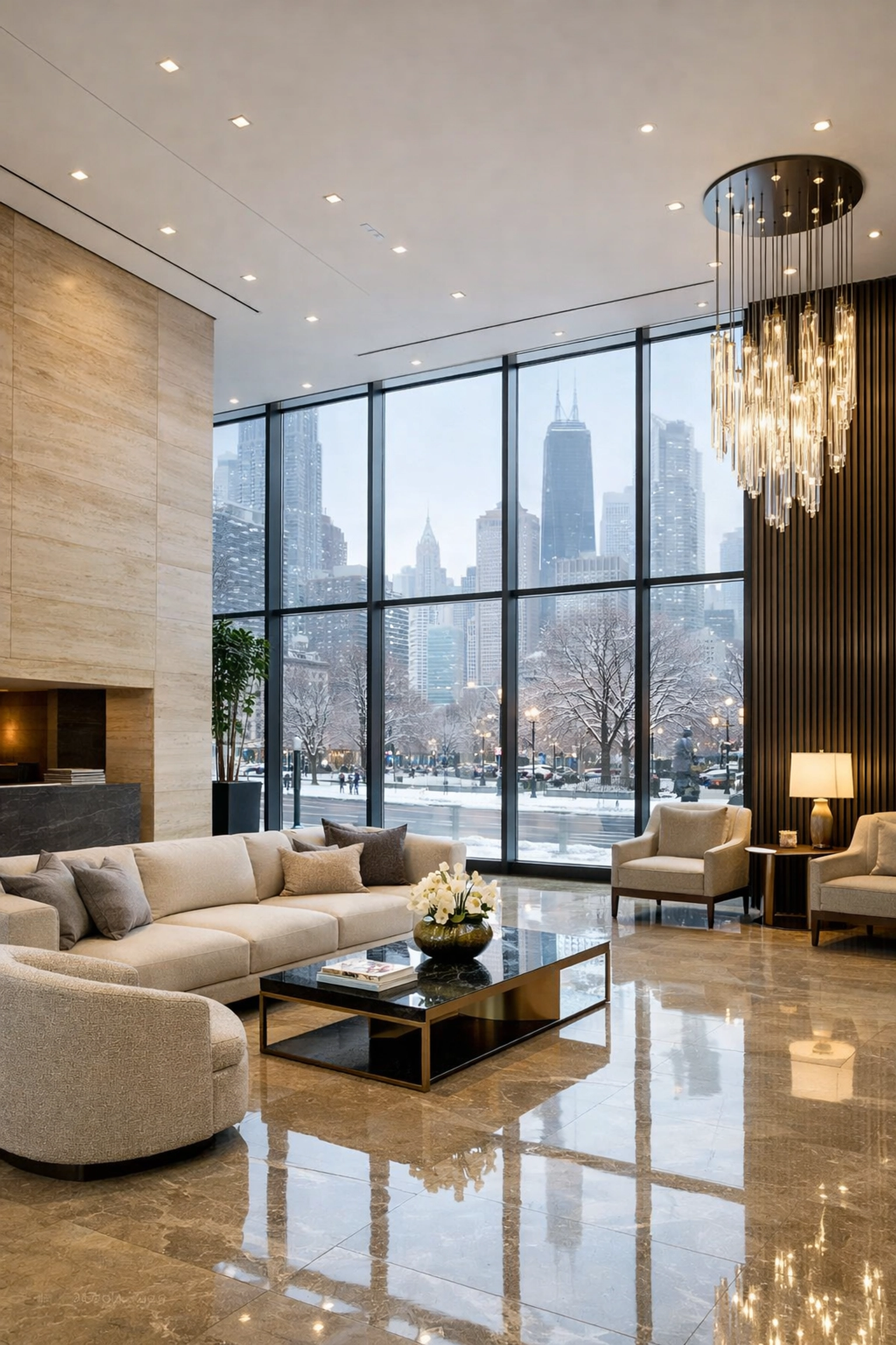 Clean luxury residential lobby in Chicago with polished floors and a winter city skyline view.