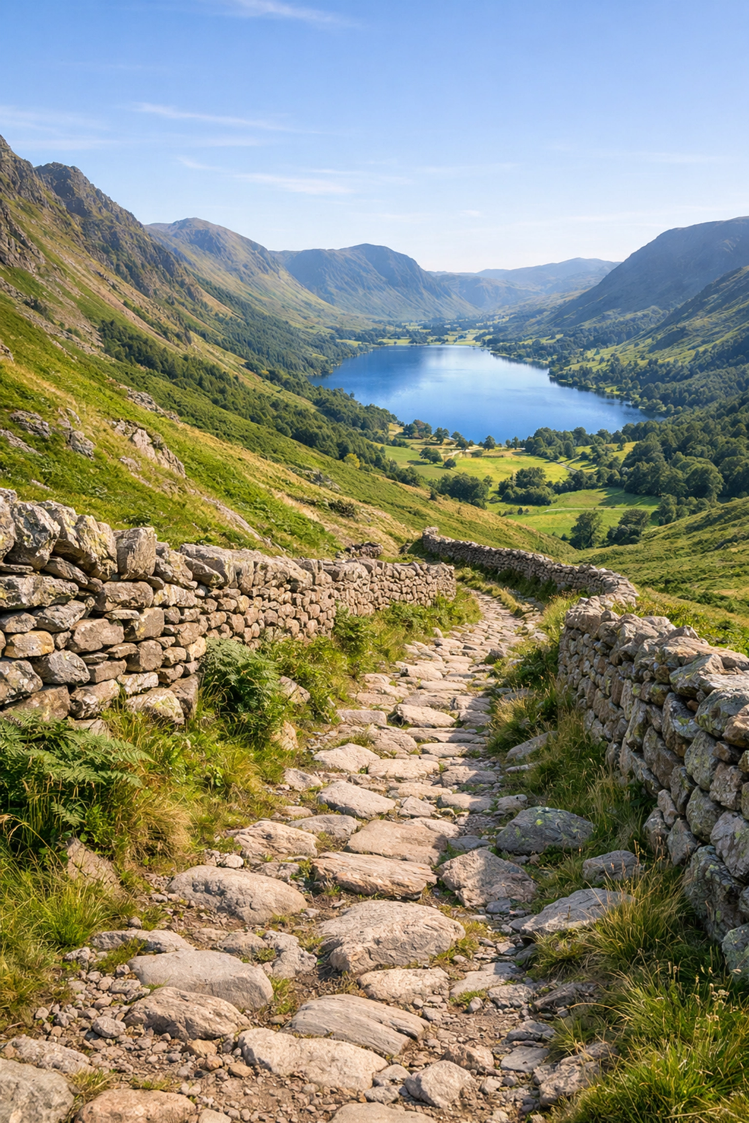A stone path through green fells, showcasing the beauty of guided walks Lake District enthusiasts enjoy.