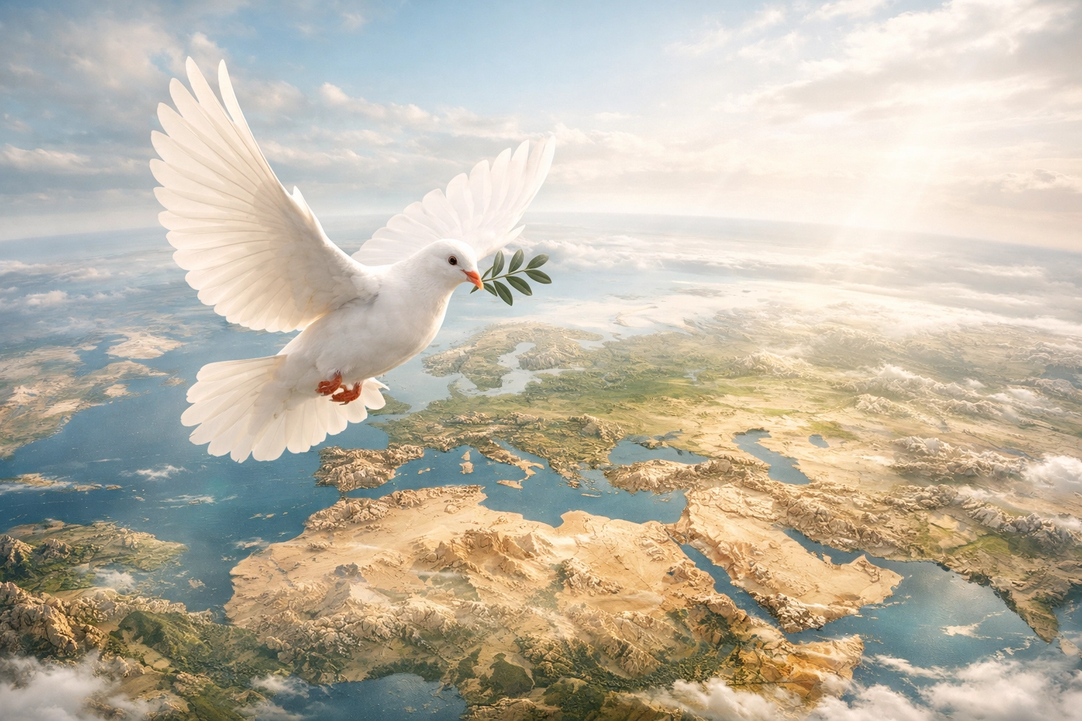 A white dove soaring over a map of the world, symbolizing peace and global diplomacy.