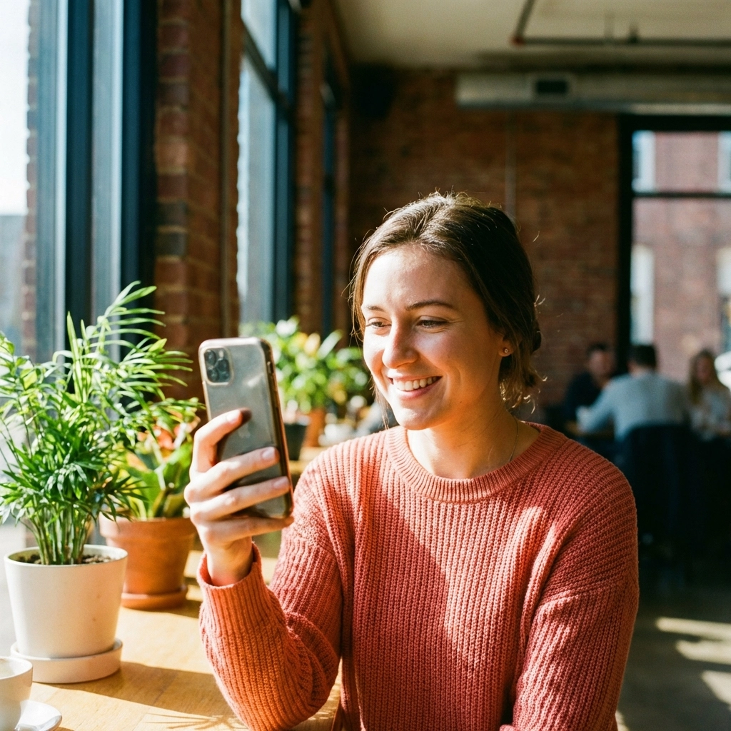 Young professional watching short-form video on smartphone in a bright coffee shop, illustrating audience engagement.