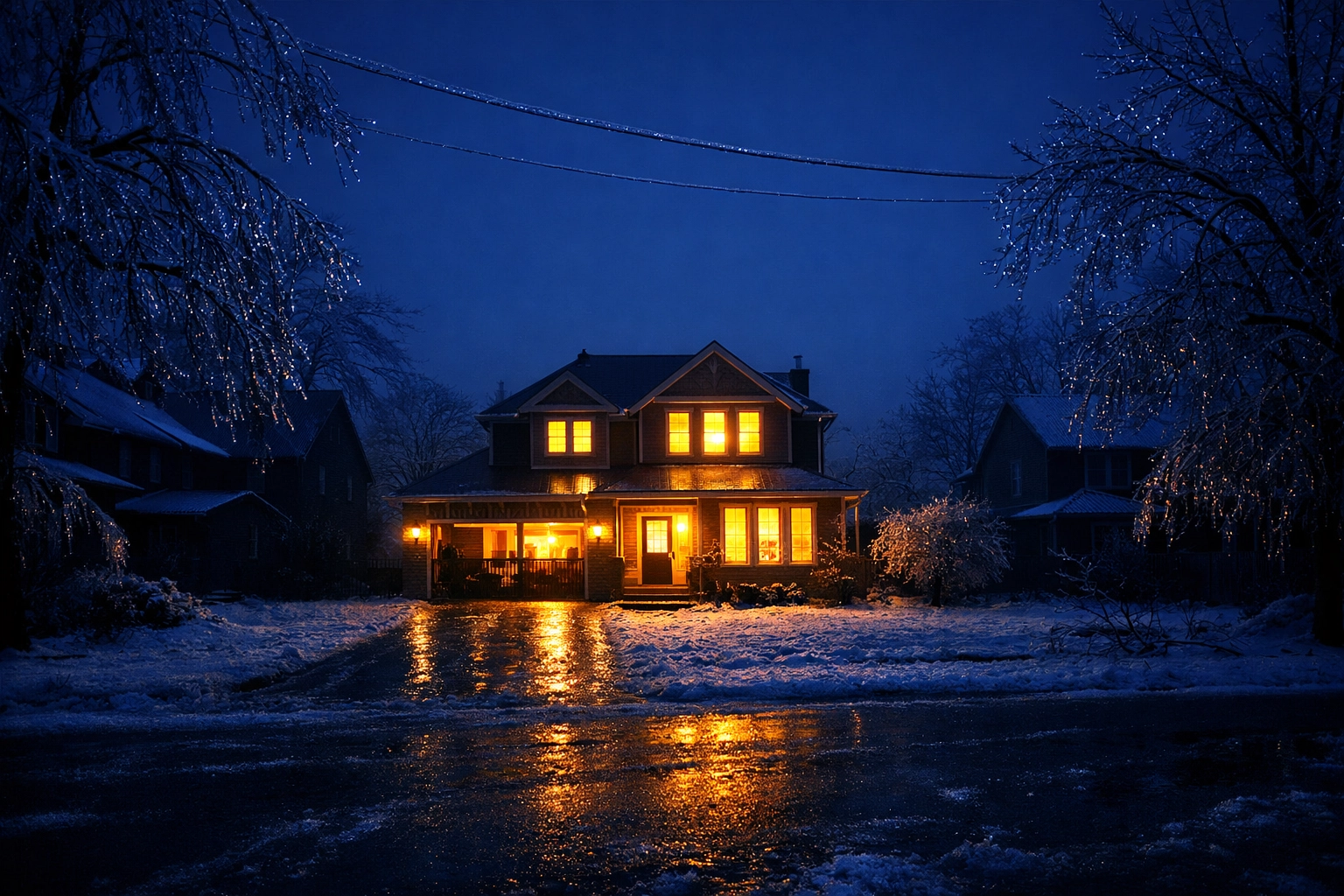 Lit Ottawa home powered by a standby generator during a dark winter ice storm power outage.