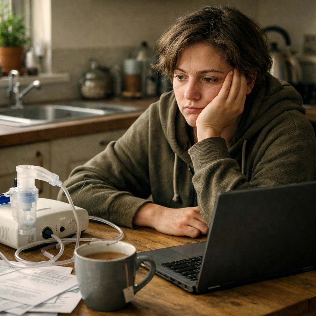 Young adult managing cystic fibrosis treatment at home while working, showing invisible CF exhaustion