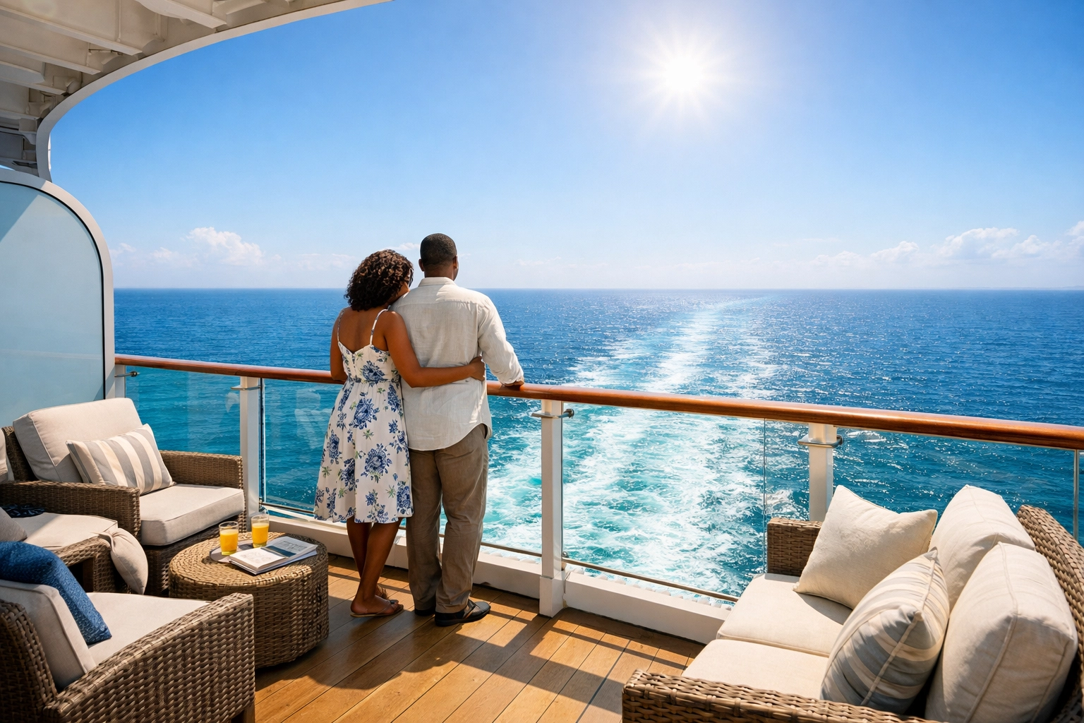 Couple admiring the Caribbean Sea from a private balcony, a premium experience through an Omaha travel agent.