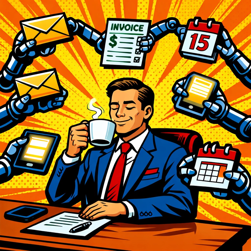 Business automation tools juggling invoices and admin tasks while a business owner relaxes at their desk.
