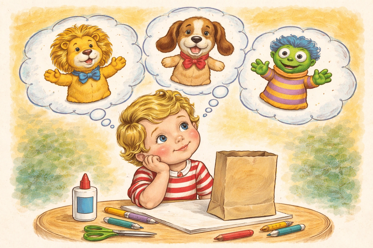 Child imagining different paper bag puppet characters like a lion, dog, and monster before starting their craft project.
