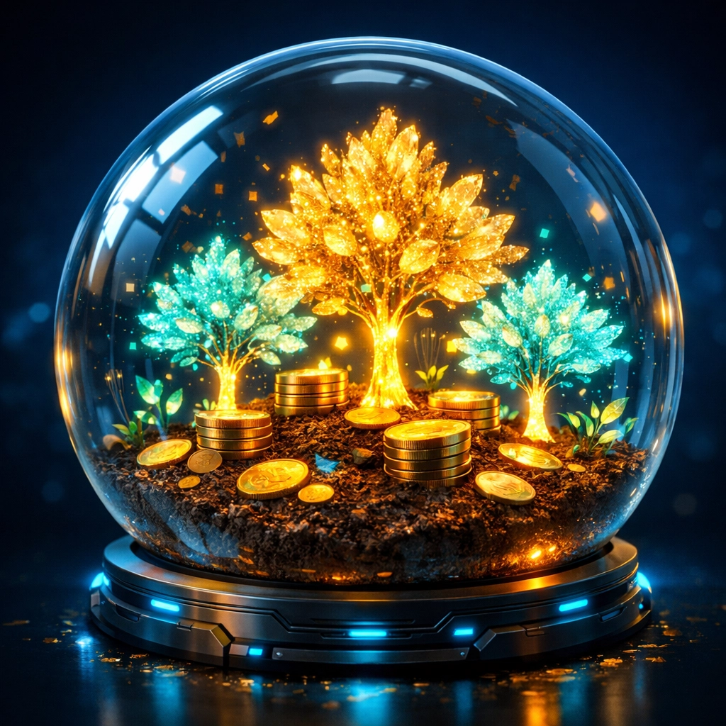 Digital garden with golden coins growing into trees symbolizing AI for personal finance wealth growth.