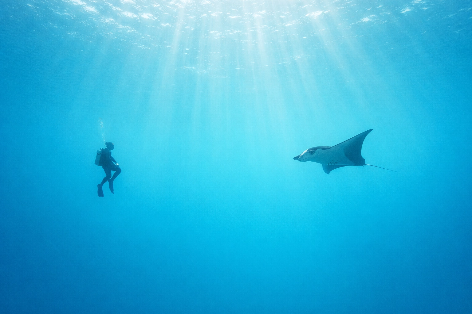 A scuba diver observing a large manta ray in clear turquoise water with sunlight rays.