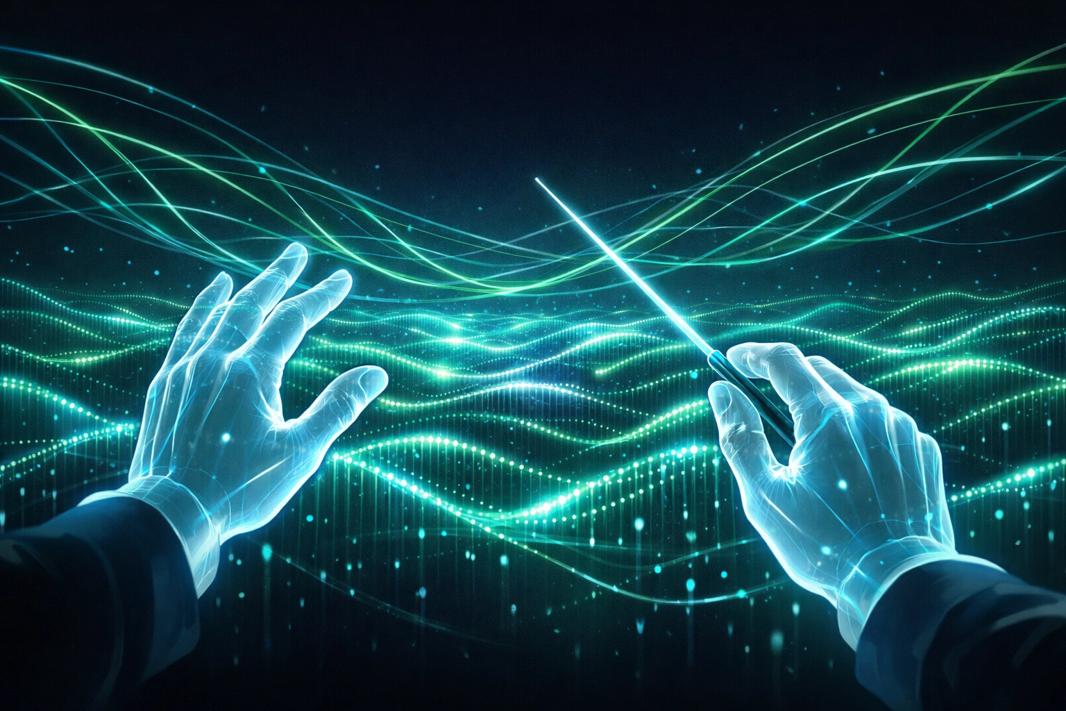 Digital hands conducting a complex network of global commerce and payment data.