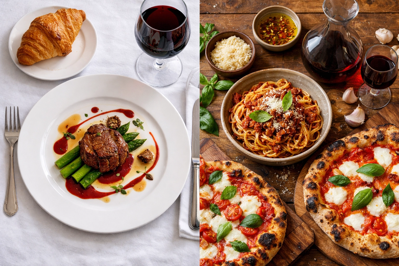 French cuisine and Italian pasta comparing European food culture