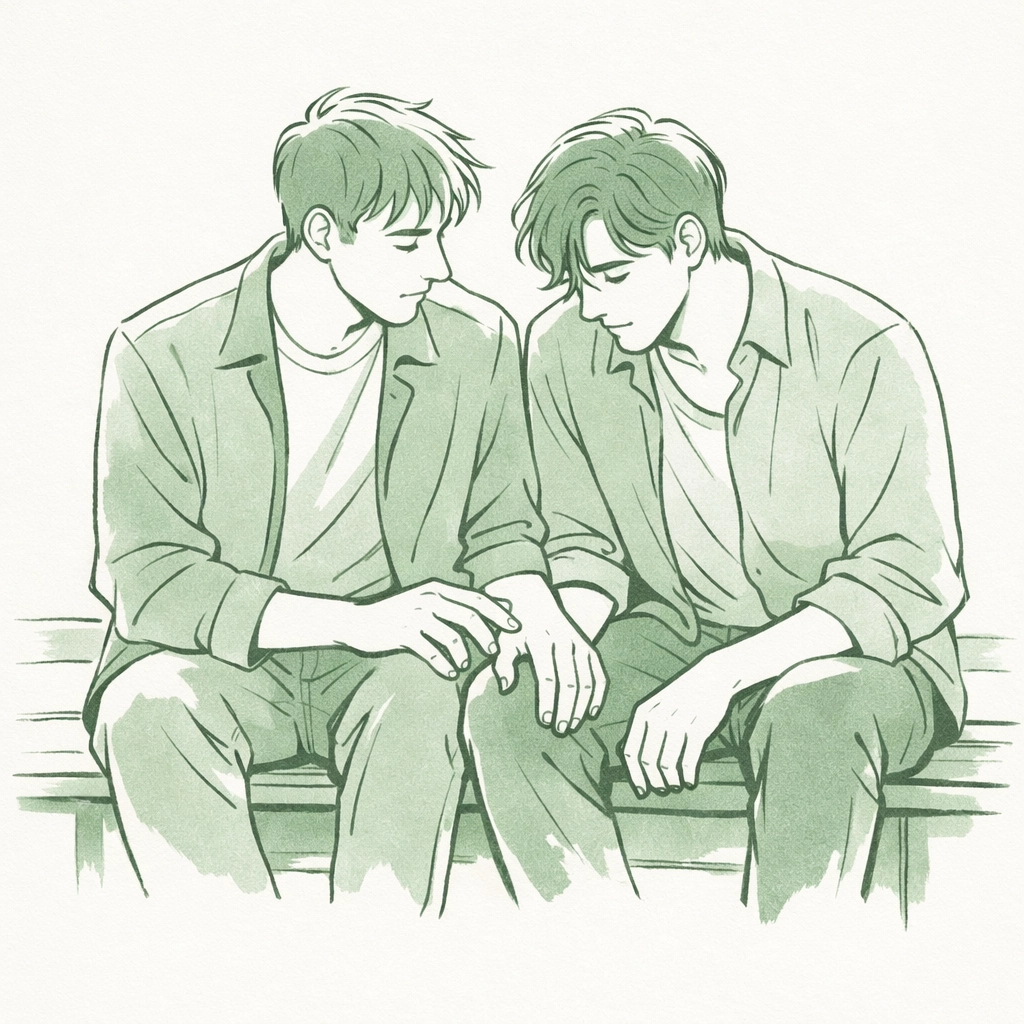 Two men on bench reaching for each other - first time gay romance fear and desire