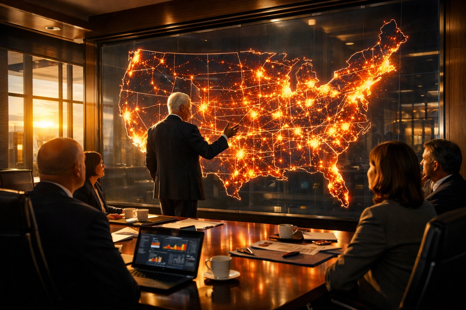 Executives reviewing a national infrastructure heat map for strategic workforce planning and talent acquisition.