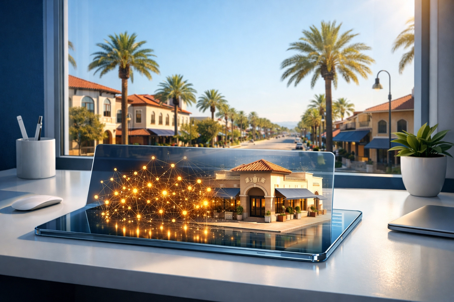 Modern digital workspace in Venice FL showing how AI search data connects customers to local business storefronts.