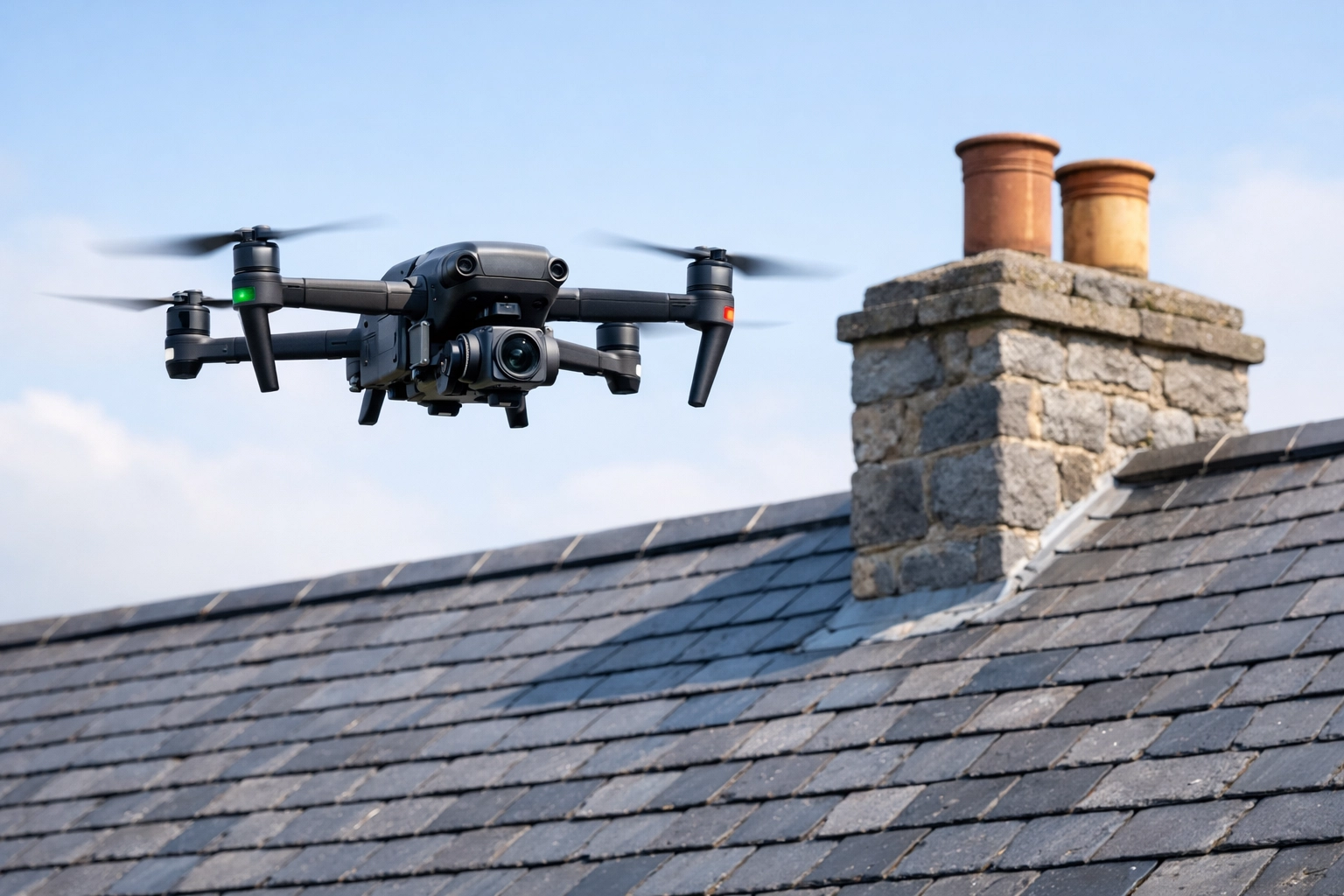 Professional drone conducting an aerial roof survey on a slate-tiled property in Armagh.