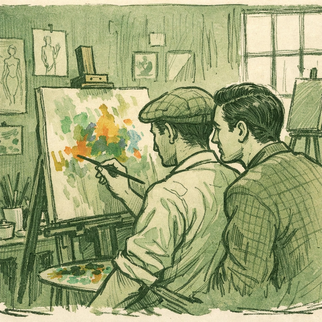 Queer artists in bohemian studio creating art during underground 1950s London gay culture