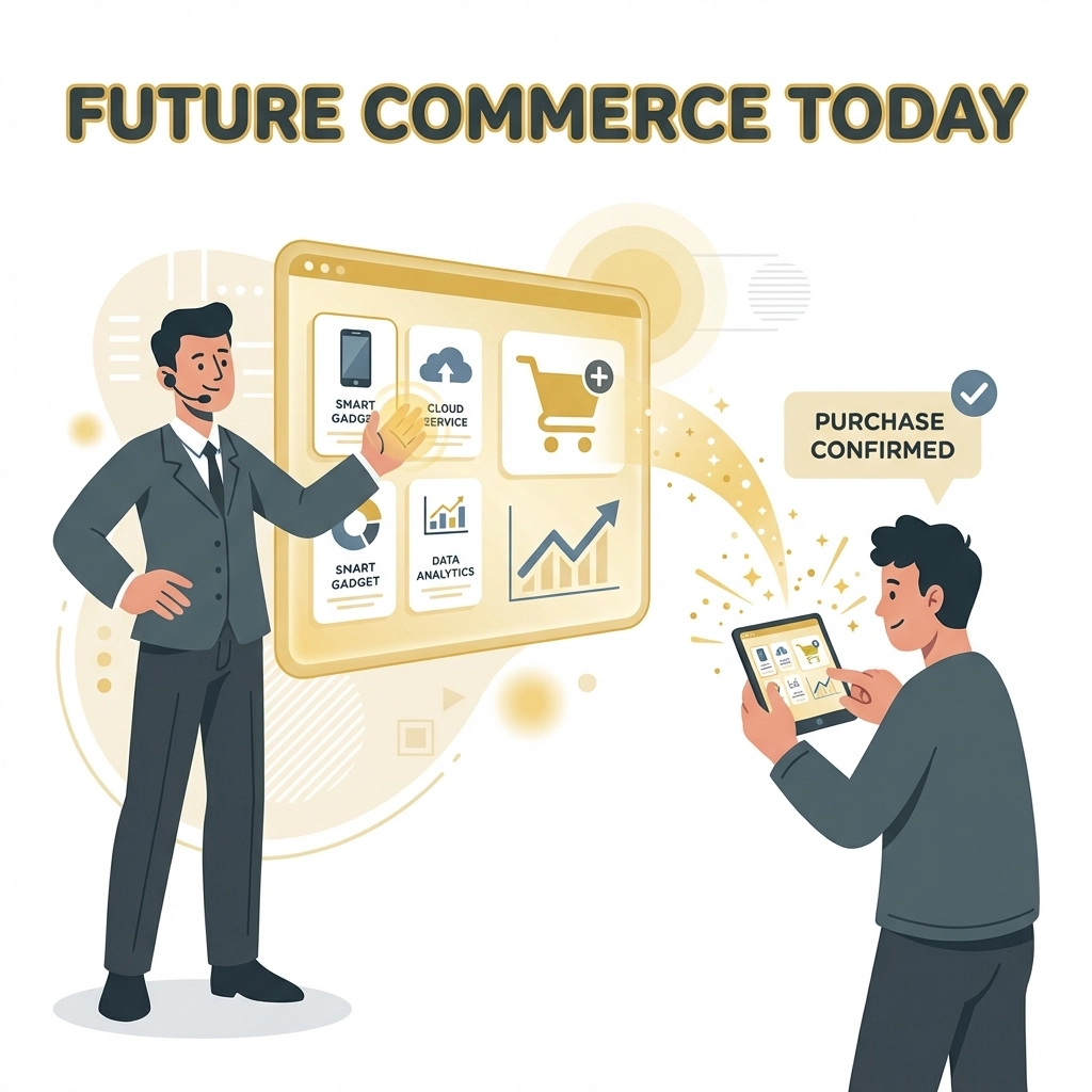 Engaged presenter and buyer interact on live shopping meeting platform with product cards and instant purchasing