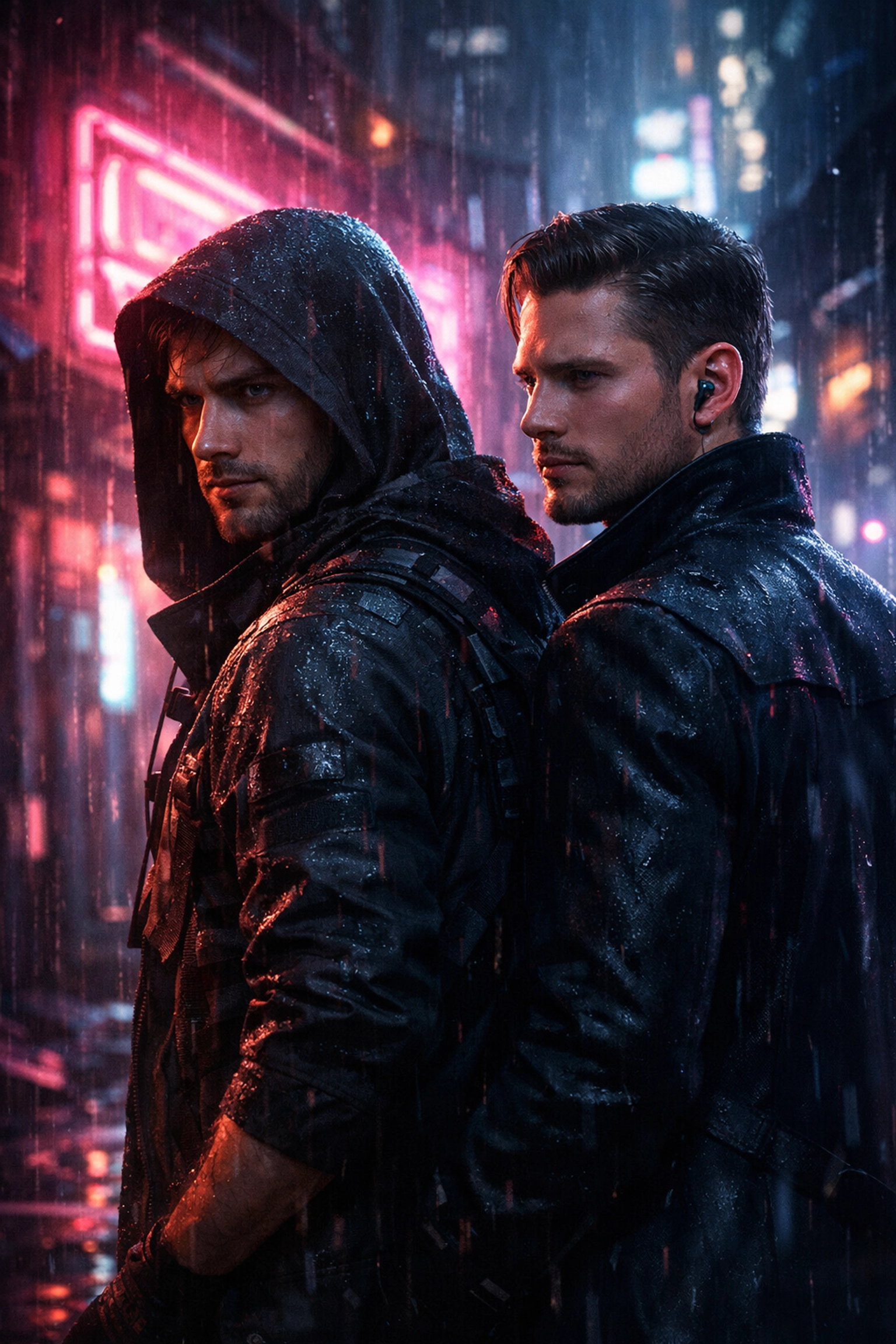 Two men in a futuristic neon city alleyway, illustrating a high-stakes gay spy romance novel.