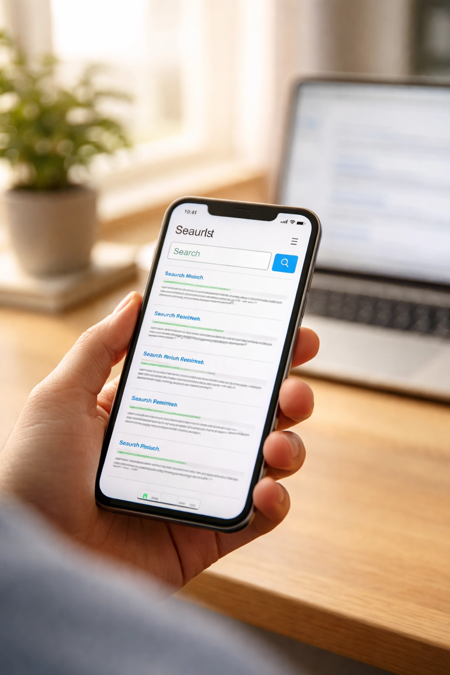 Person holding smartphone showing search results, highlighting mobile SEO essentials for startups