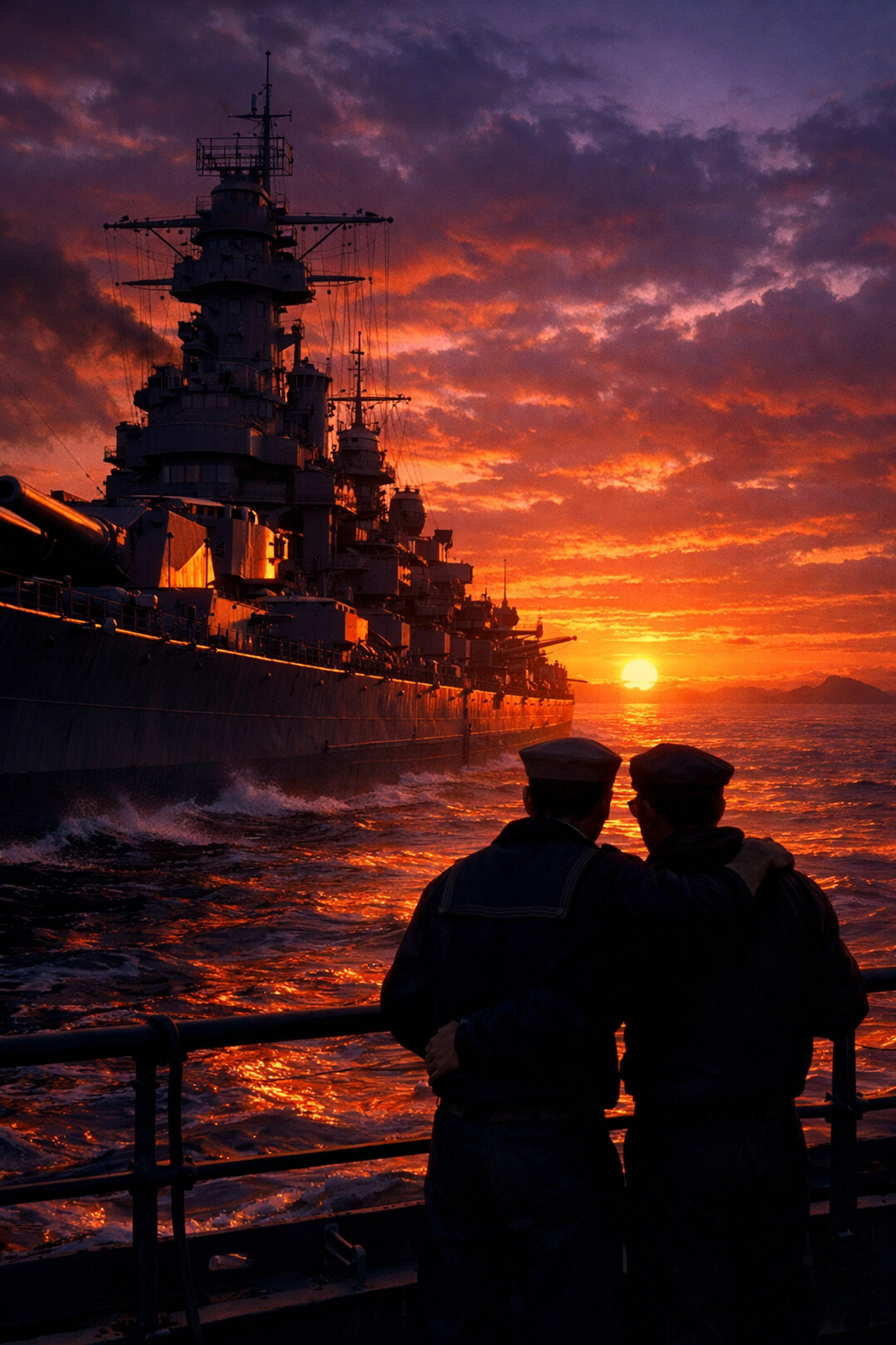 Gay sailors watching sunset from WWII battleship railing in Pacific Theater