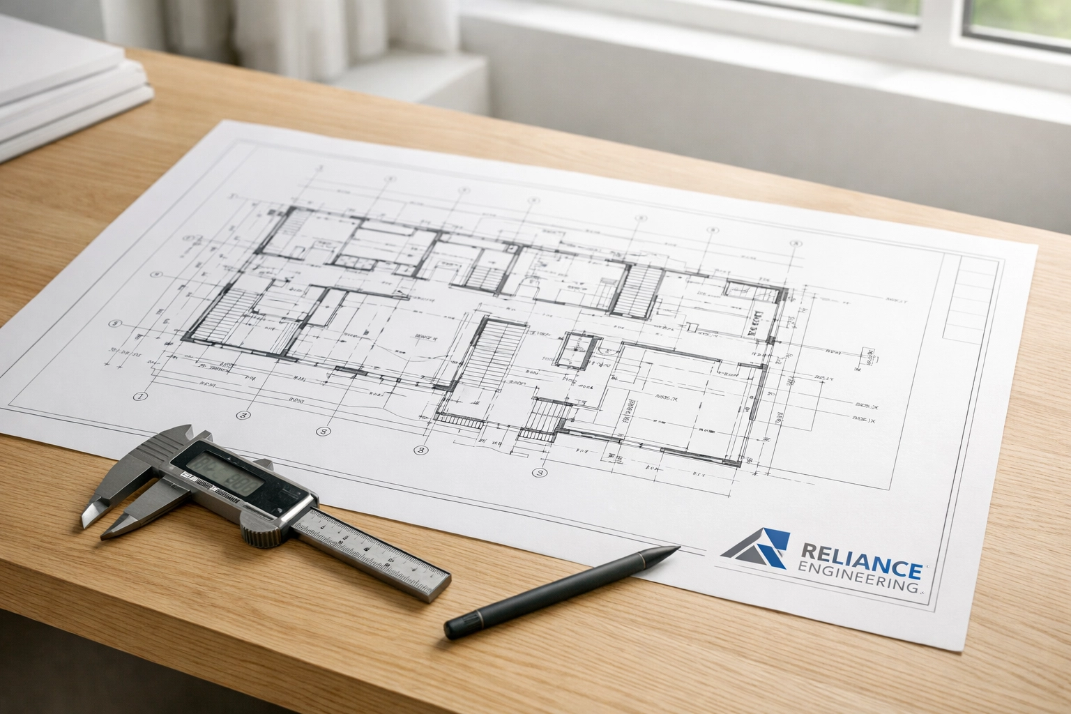 Detailed building permit drawings and engineering tools on a desk in a professional design studio.