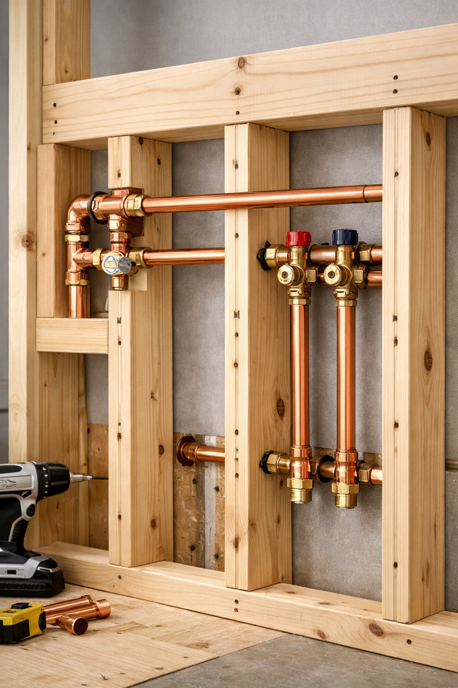 Close-up of high-quality plumbing and framing in an Orlando home renovation showing professional craftsmanship.