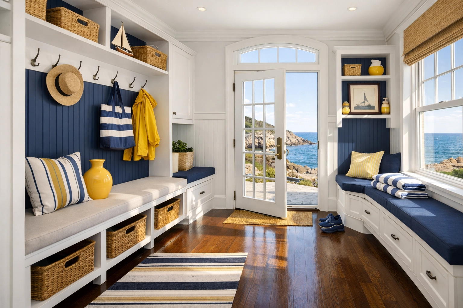 Spotless mudroom in a Marblehead home, showcasing the results of expert Marblehead house cleaning services.