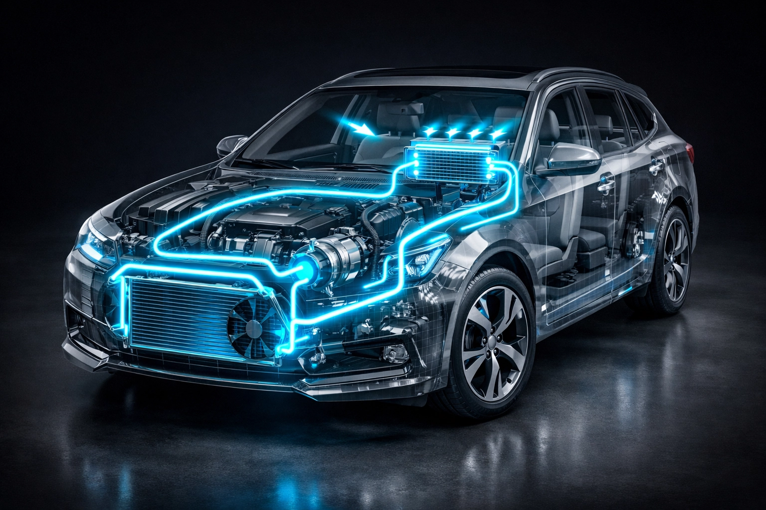 Visual guide of connected components in a modern car air conditioning system showing interdependent parts.