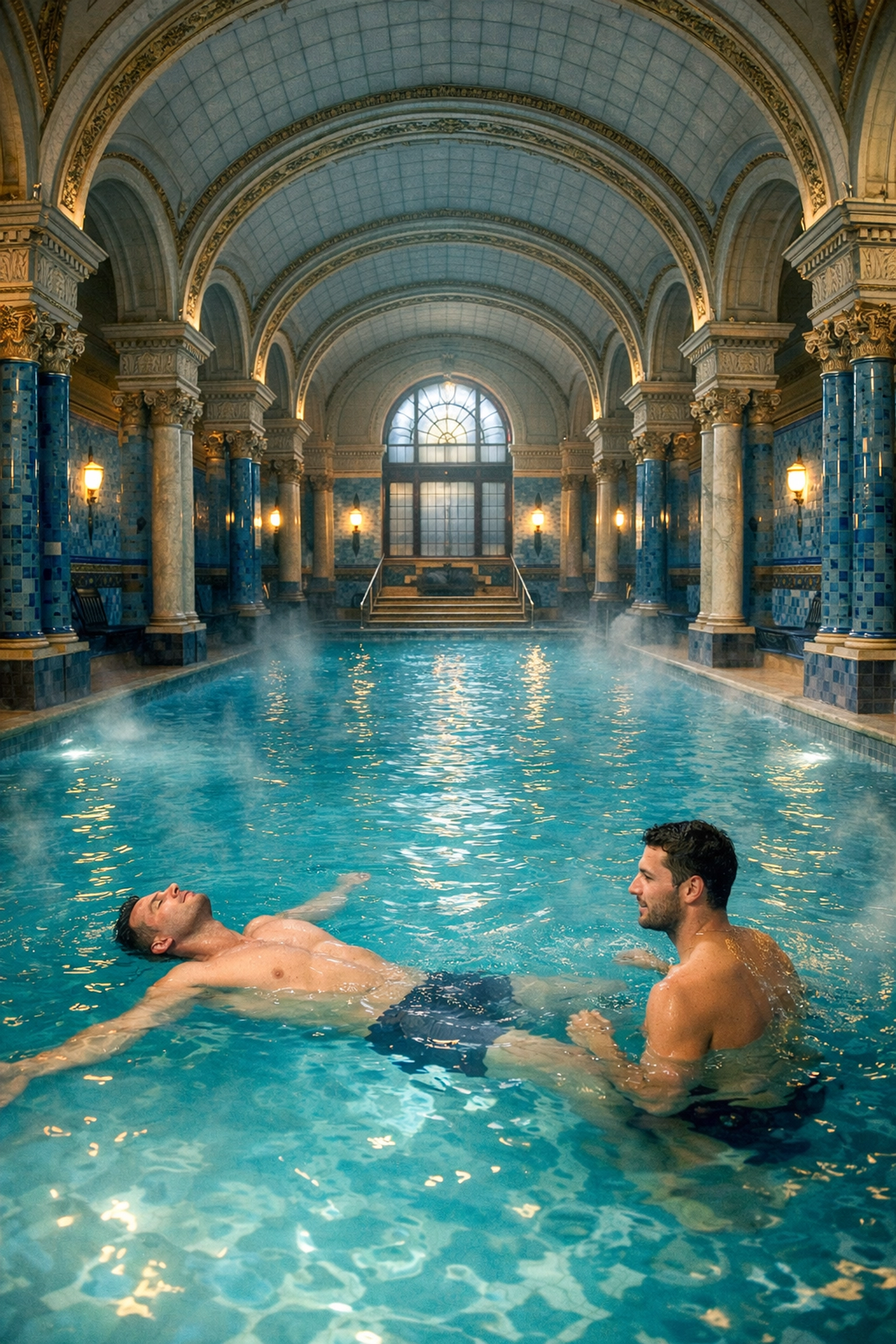 Men swimming in neoclassical Berlin bathhouse pool with blue tiles and vaulted architecture