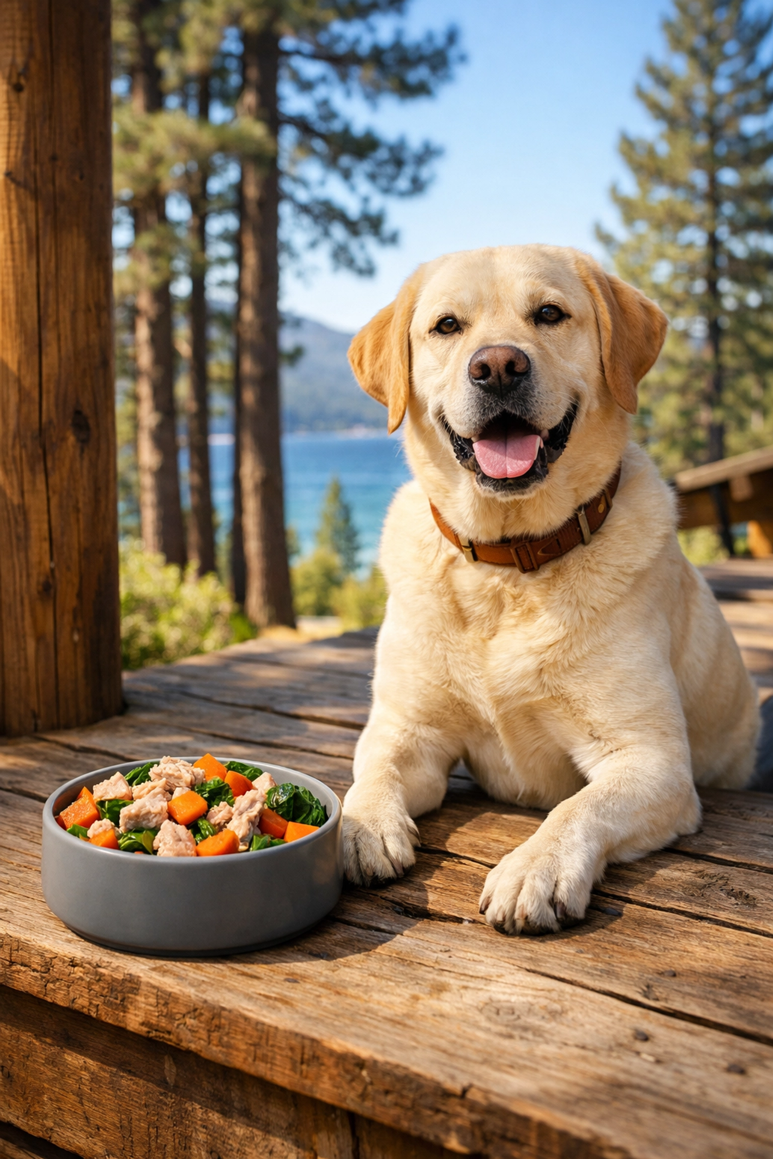 Fresh turkey and vegetable dog food served to a happy Labrador in South Lake Tahoe.