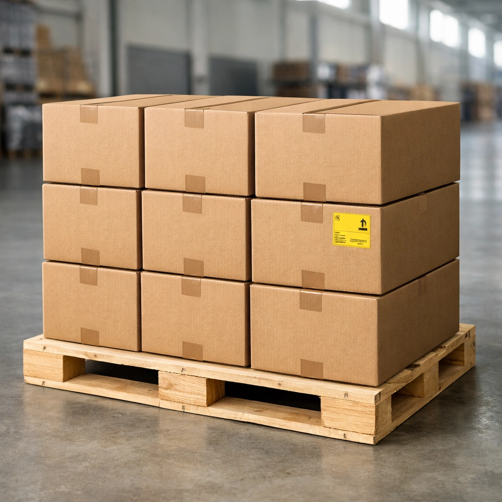 Stacked wholesale inventory boxes on a pallet representing efficient commission-free logistics and shipping.