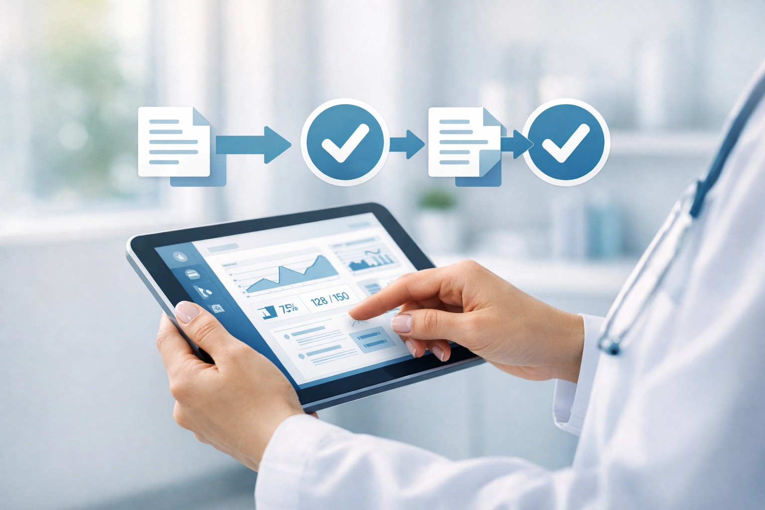 Healthcare professional using tablet dashboard for automated veteran eligibility verification in modern SNF workflow