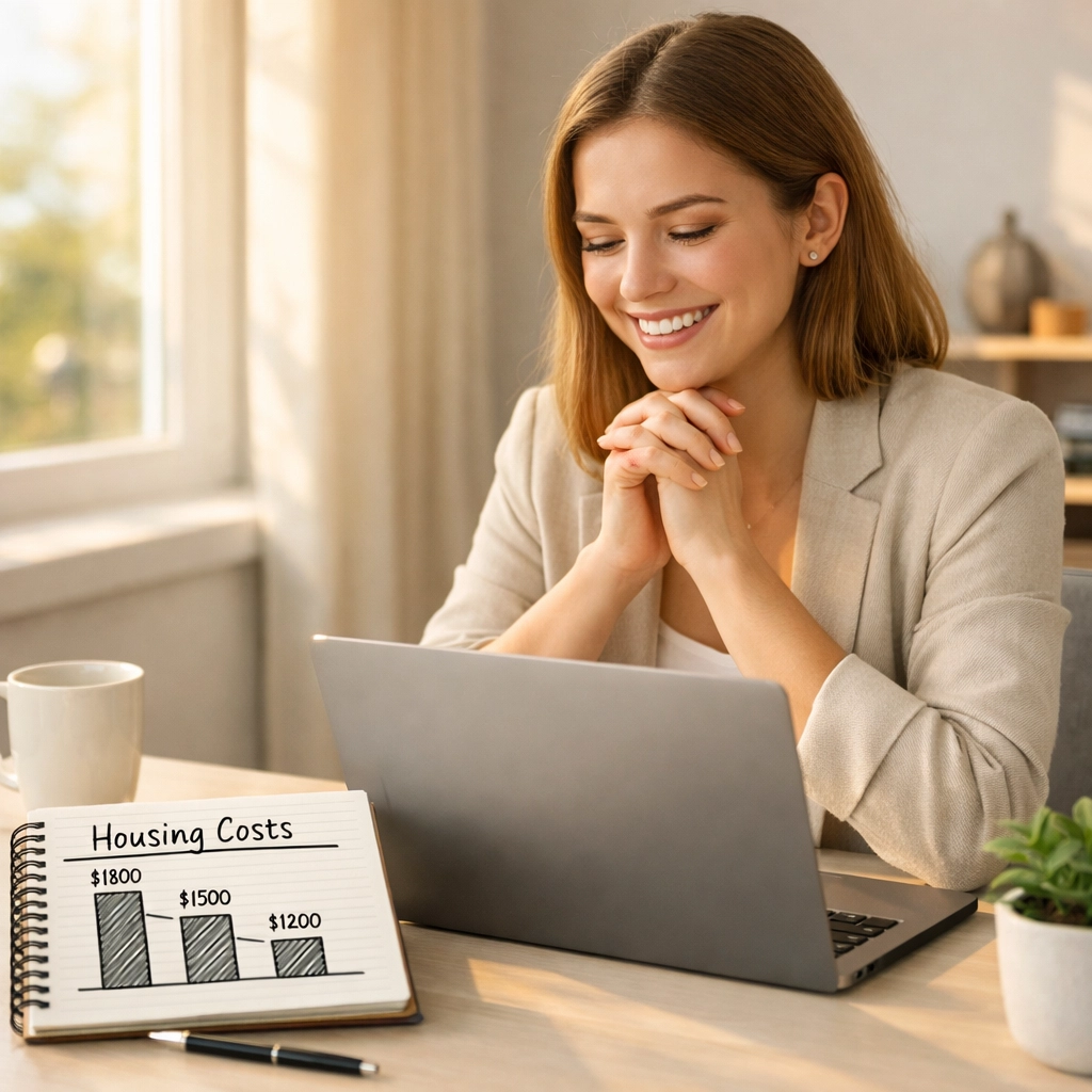 Professional comparing housing costs for Charlotte Durham relocation on laptop