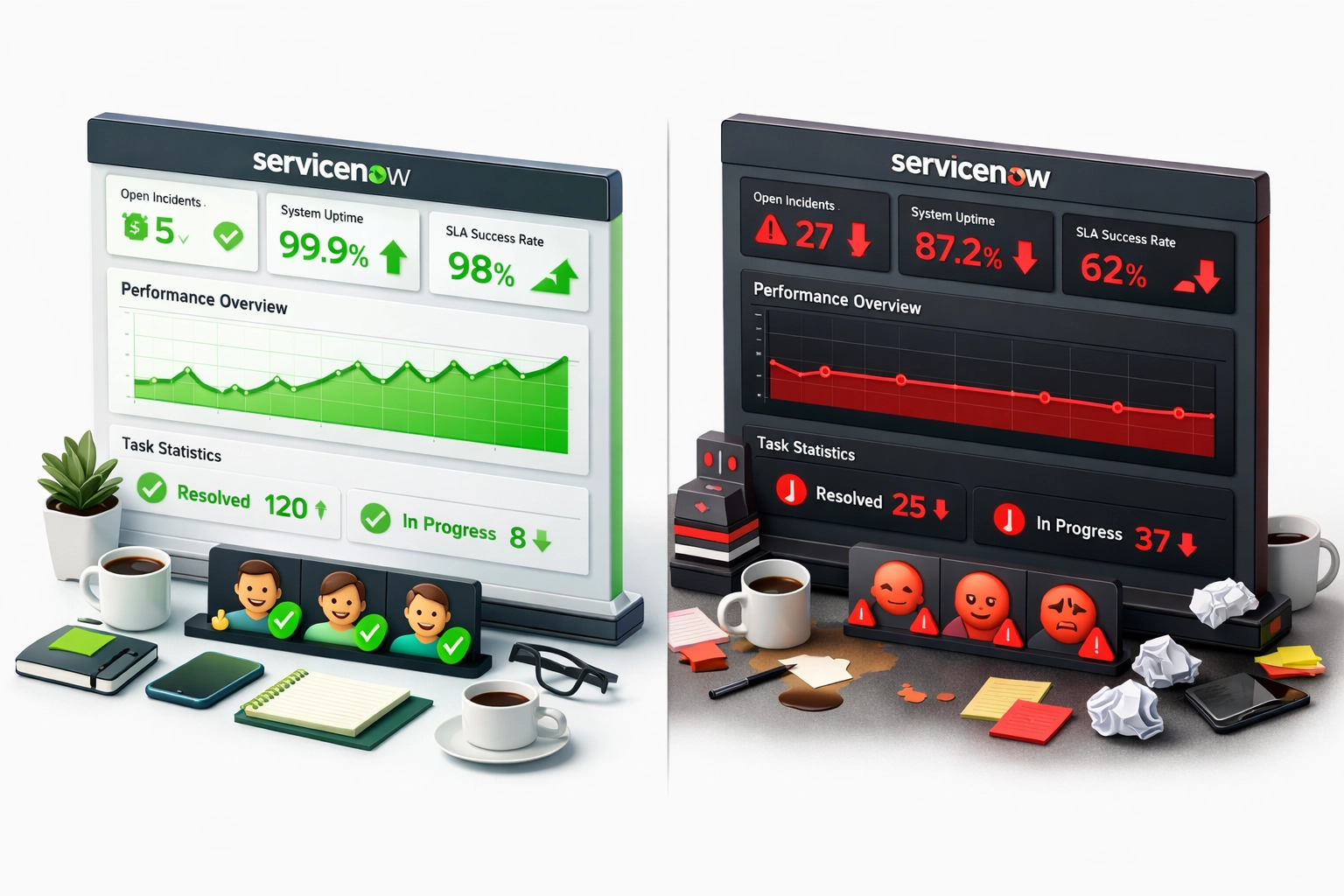 ServiceNow dashboard comparison showing successful vs underperforming implementation partner outcomes