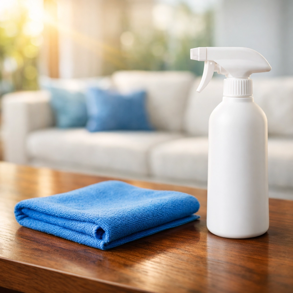 Eco-friendly products and microfiber cloth used for a thorough deep cleaning in Sharon.