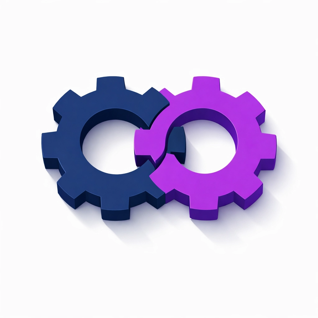 Interlocking navy and purple gears symbolizing a strategic marketing collaboration for business growth.