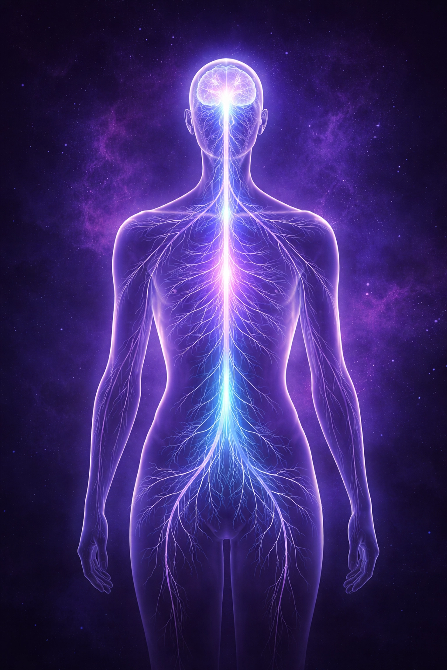 Translucent human figure with a glowing vagus nerve, symbolizing trauma release through nervous system activation