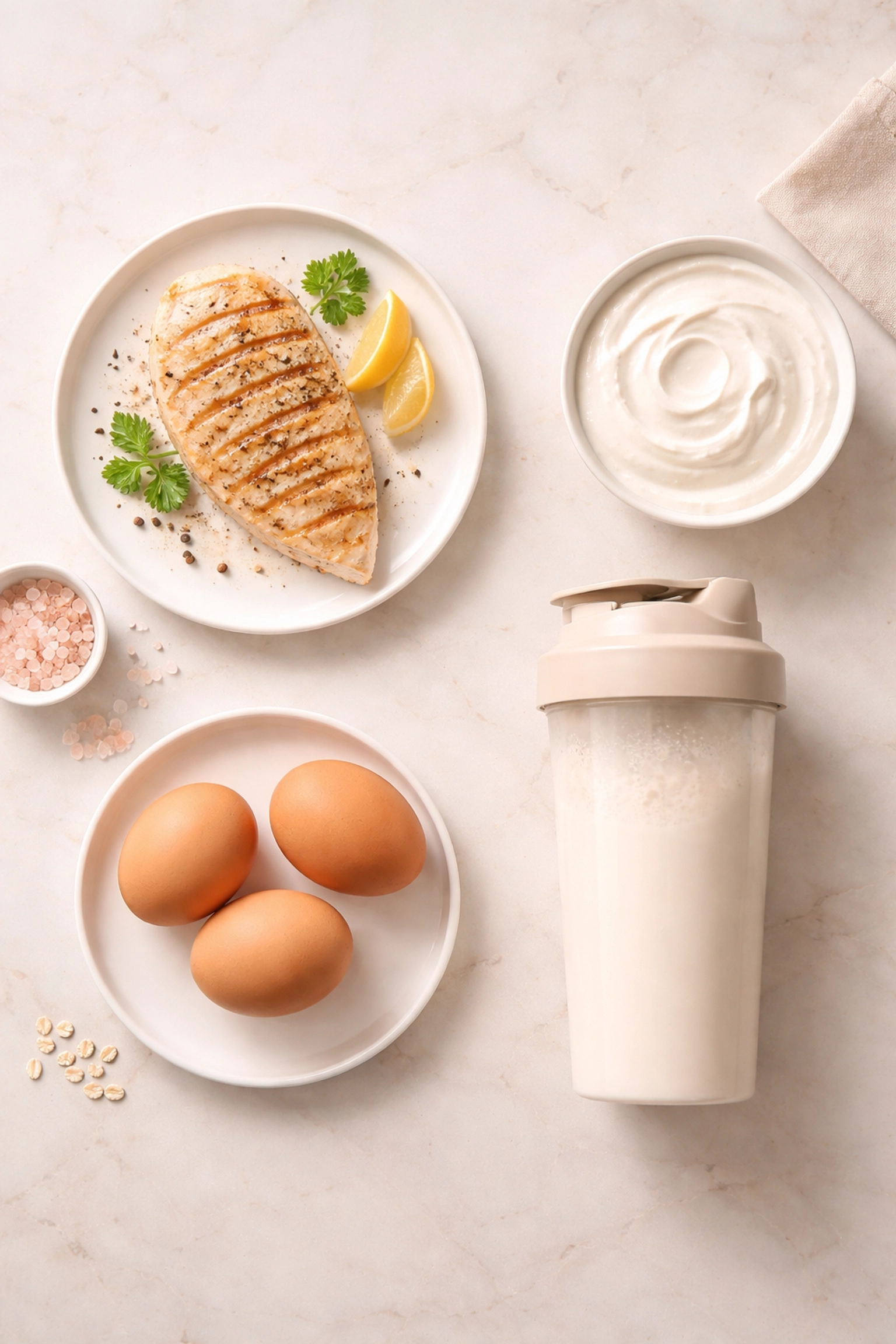 Overhead view of high-protein meal prep including chicken, eggs, yoghurt, and a protein shake on a pale surface