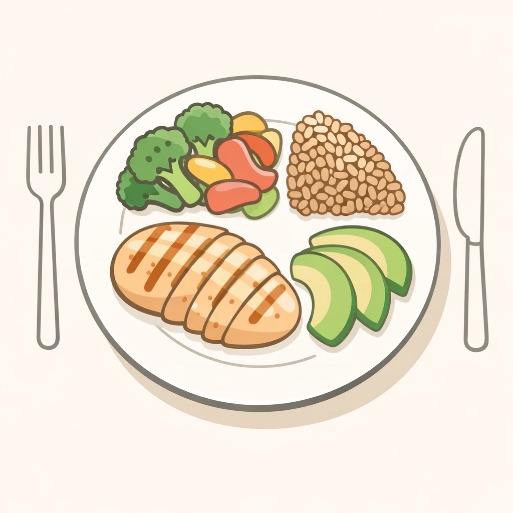 Balanced meal plate with protein, vegetables, healthy fats for diabetes management
