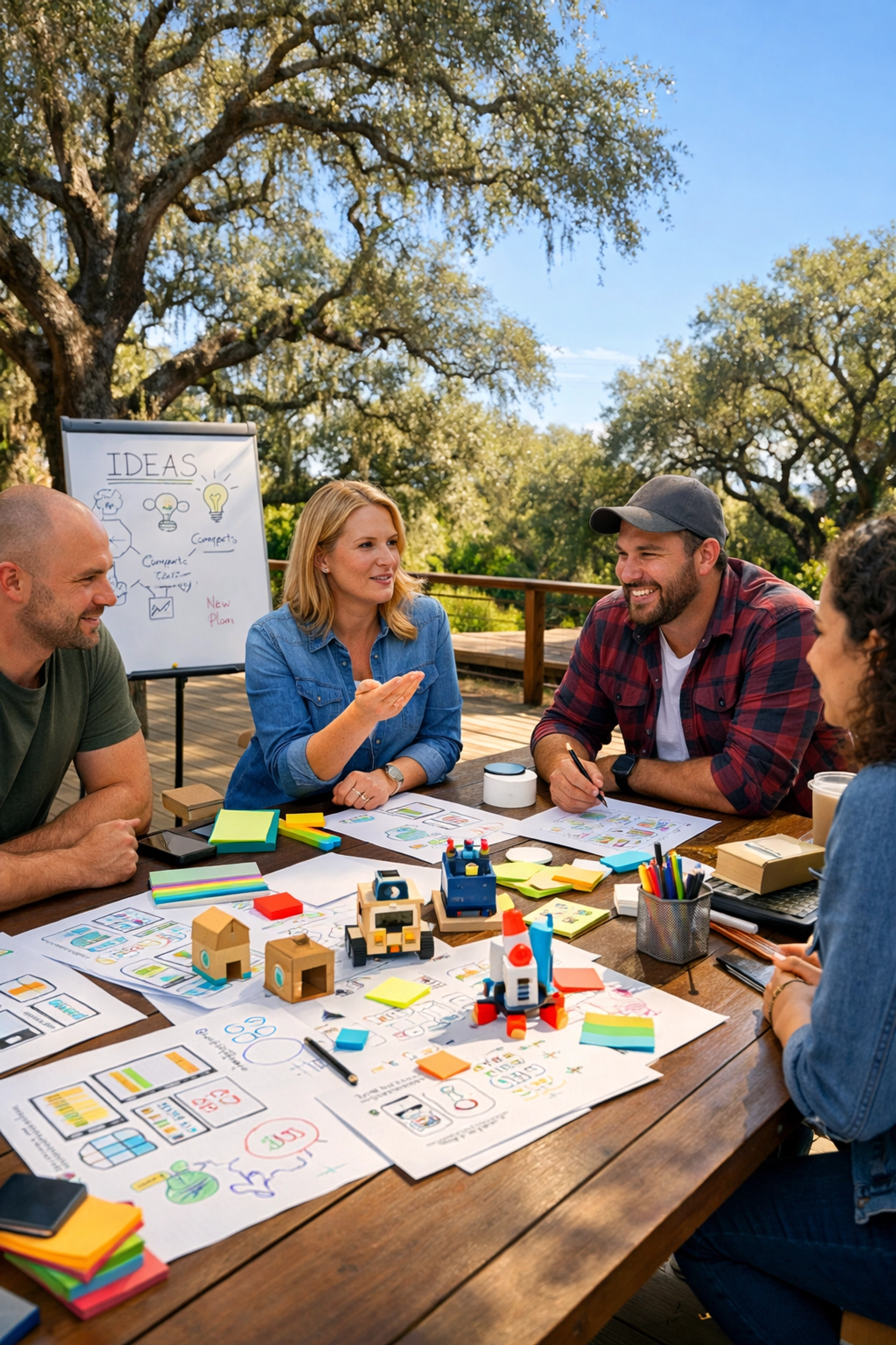 A creative corporate team brainstorming and pitching ideas at an outdoor workspace.