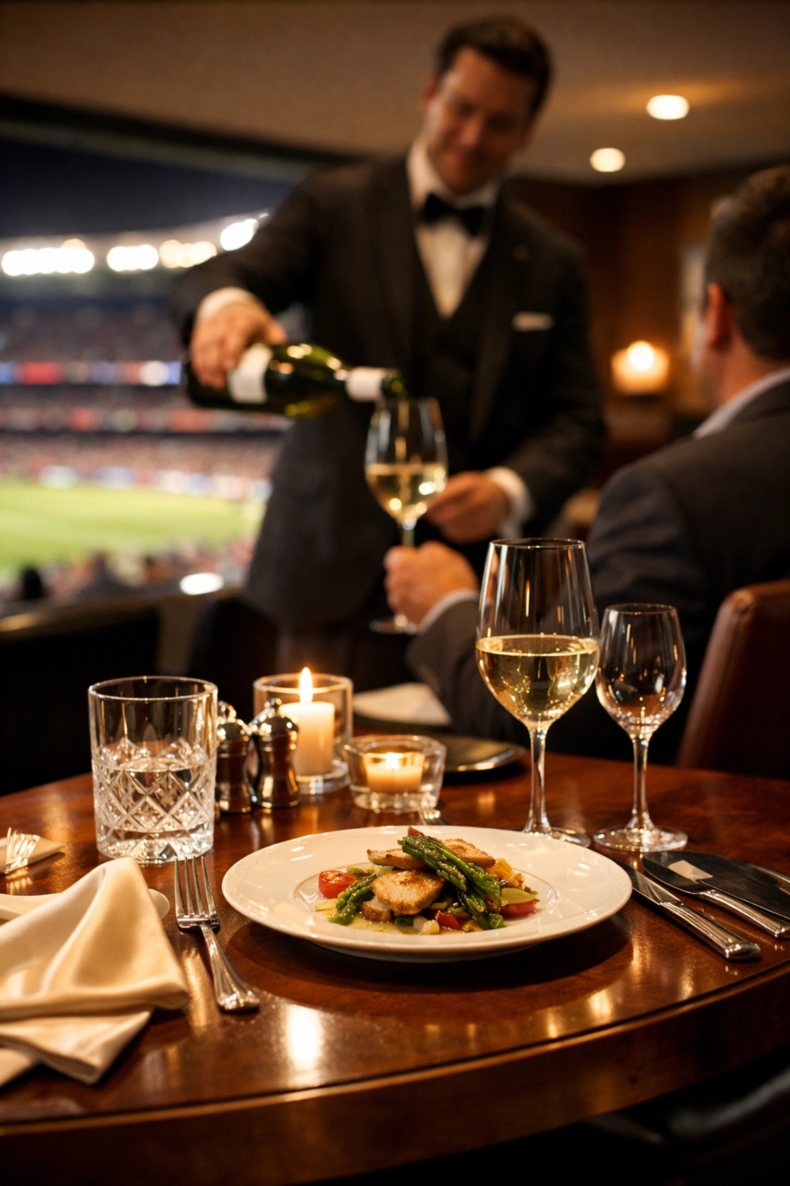 Luxury VIP dining experience in a private stadium box, showcasing bespoke hospitality for corporate executives.