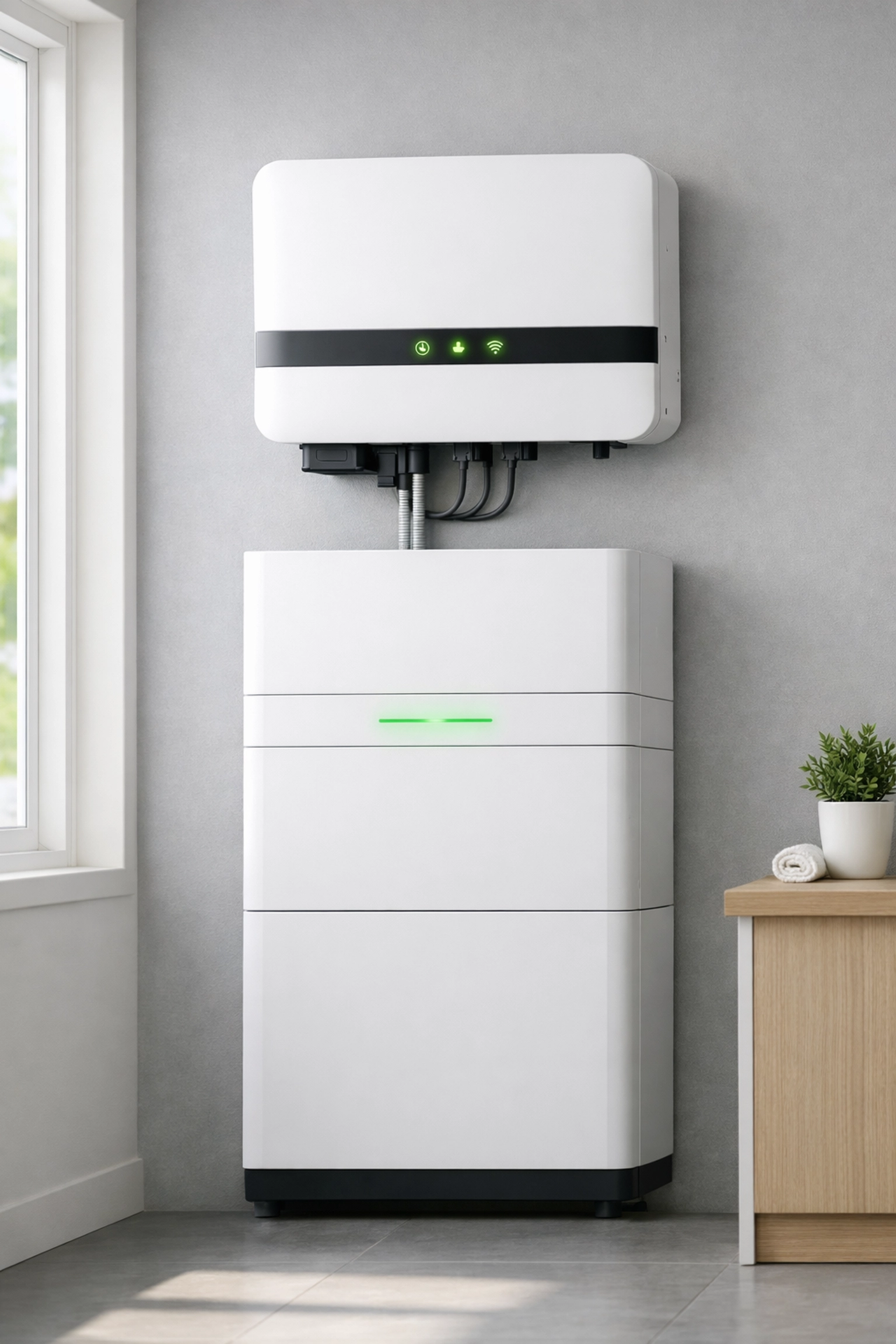 Modern solar battery storage and hybrid inverter installed neatly in a Hampshire home for energy independence.