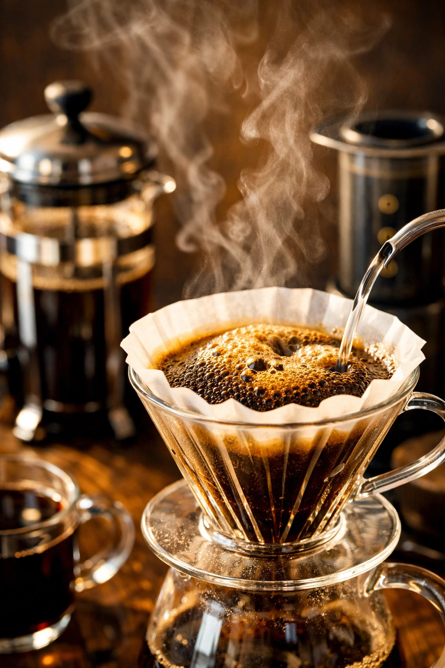 Popular coffee brewing methods including a V60 pour over bloom, French Press, and Aeropress on a kitchen counter.