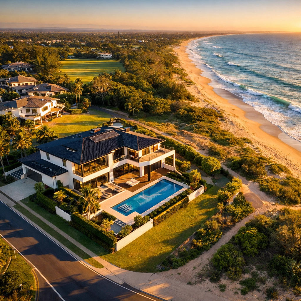 Aerial drone photography of coastal property showing neighborhood context and location benefits