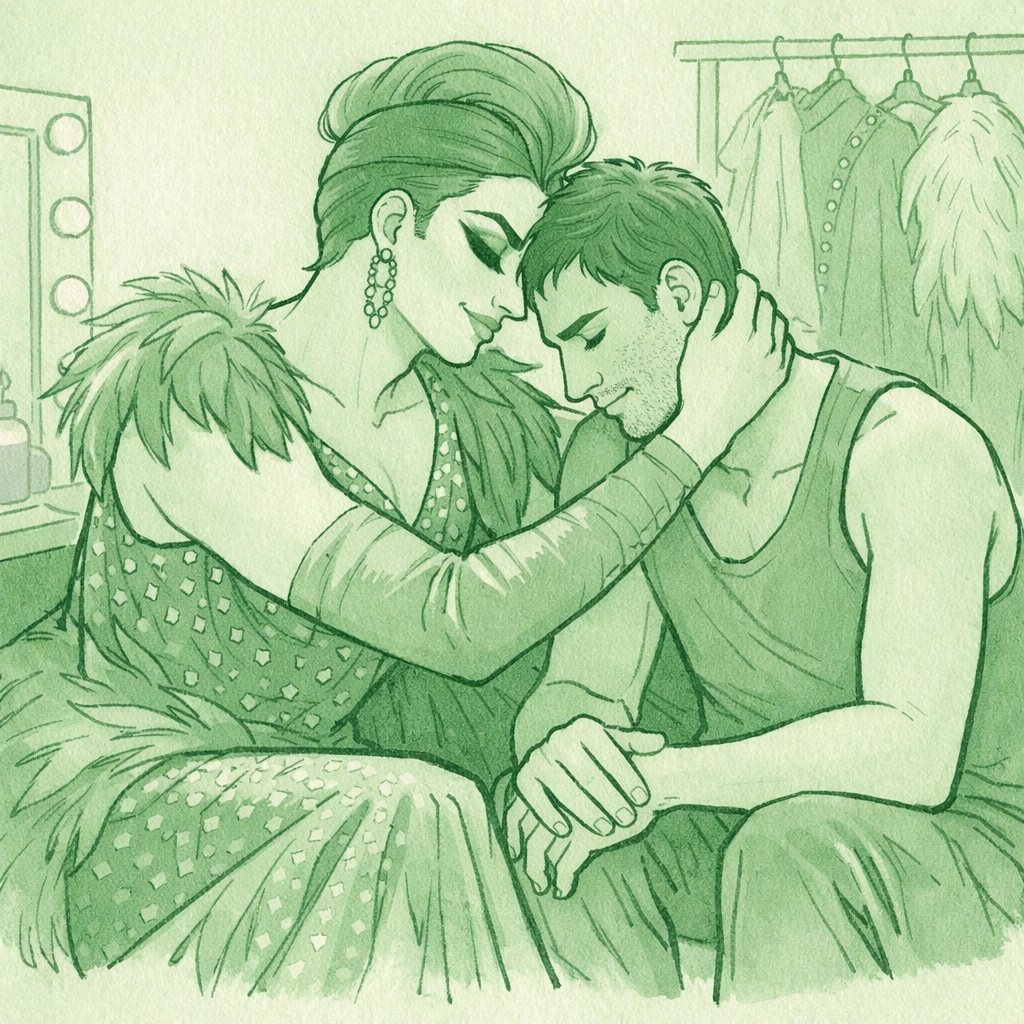 Drag performers share vulnerable moment backstage, demonstrating emotional support in drag mentorship