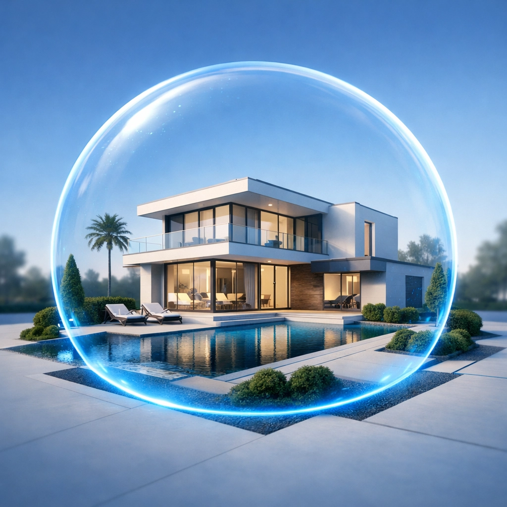 Propiedad moderna protegida bajo una esfera que simboliza la seguridad patrimonial y la cobertura total de seguros.