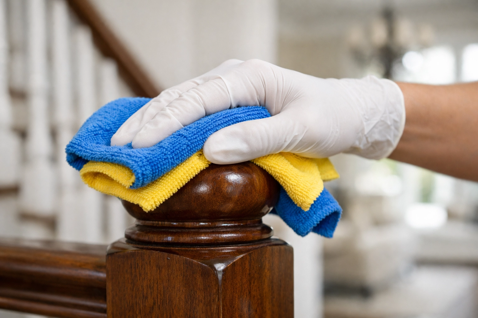 A high-end cleaning detail shot with blue and yellow microfiber accents in a bright home.