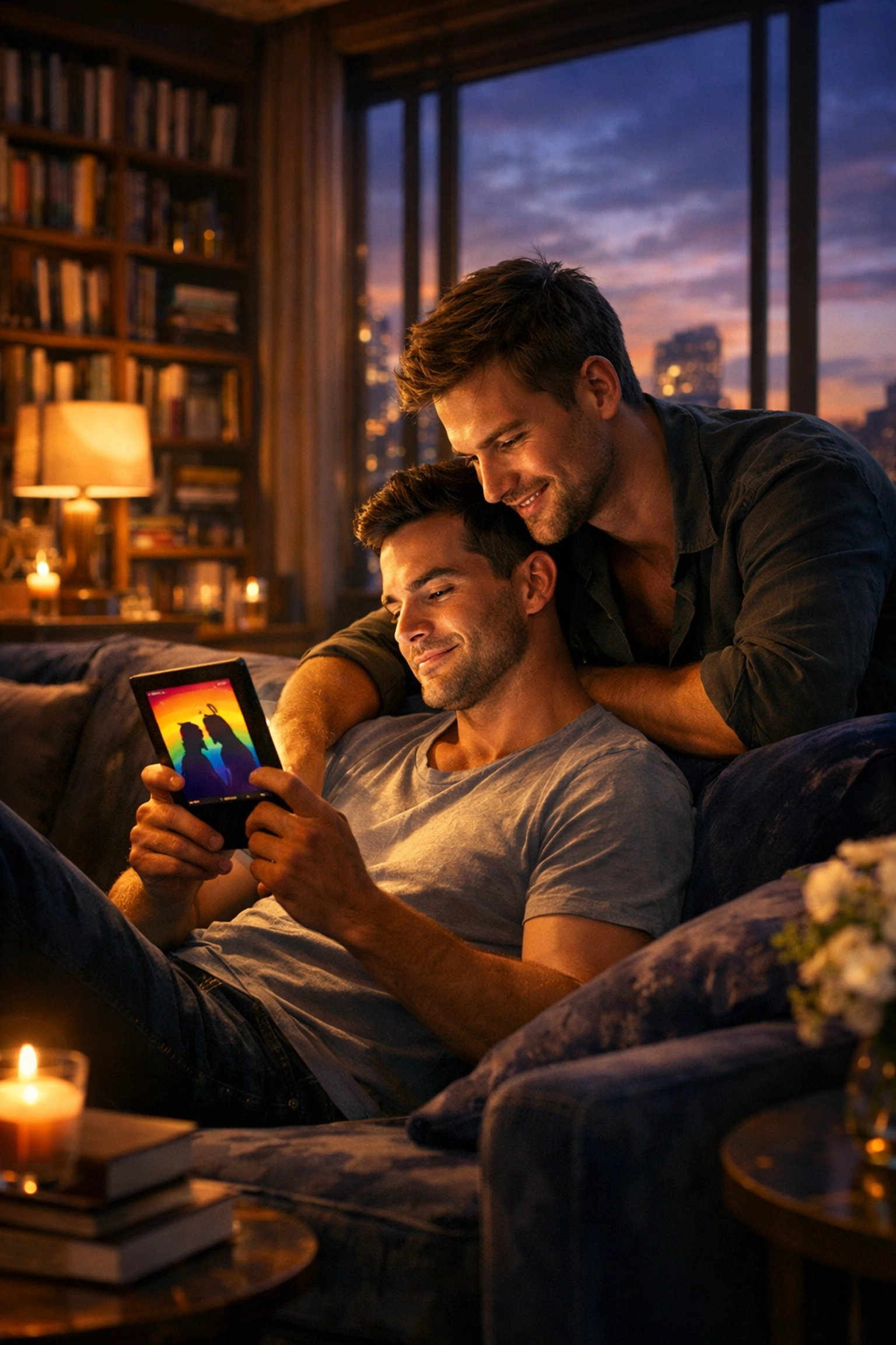 Two men reading an LGBTQ+ ebook together, illustrating how MM romance books and gay novels inspire career growth.
