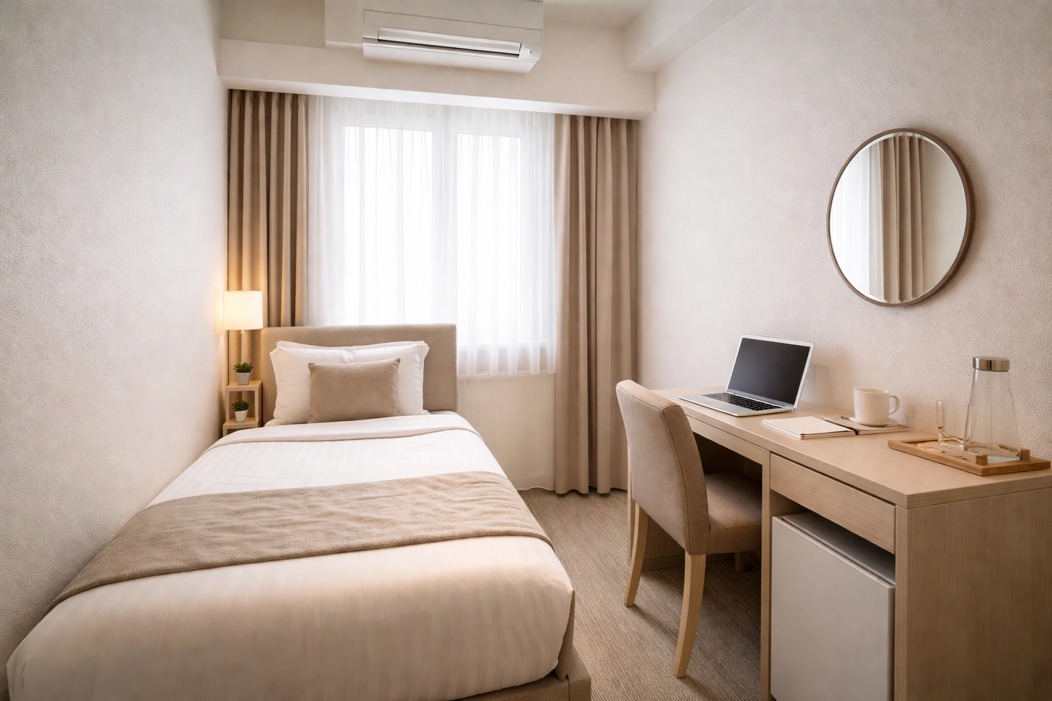 Minimalist Kent hotel room with single bed and desk, highlighting limited space in traditional business accommodation.