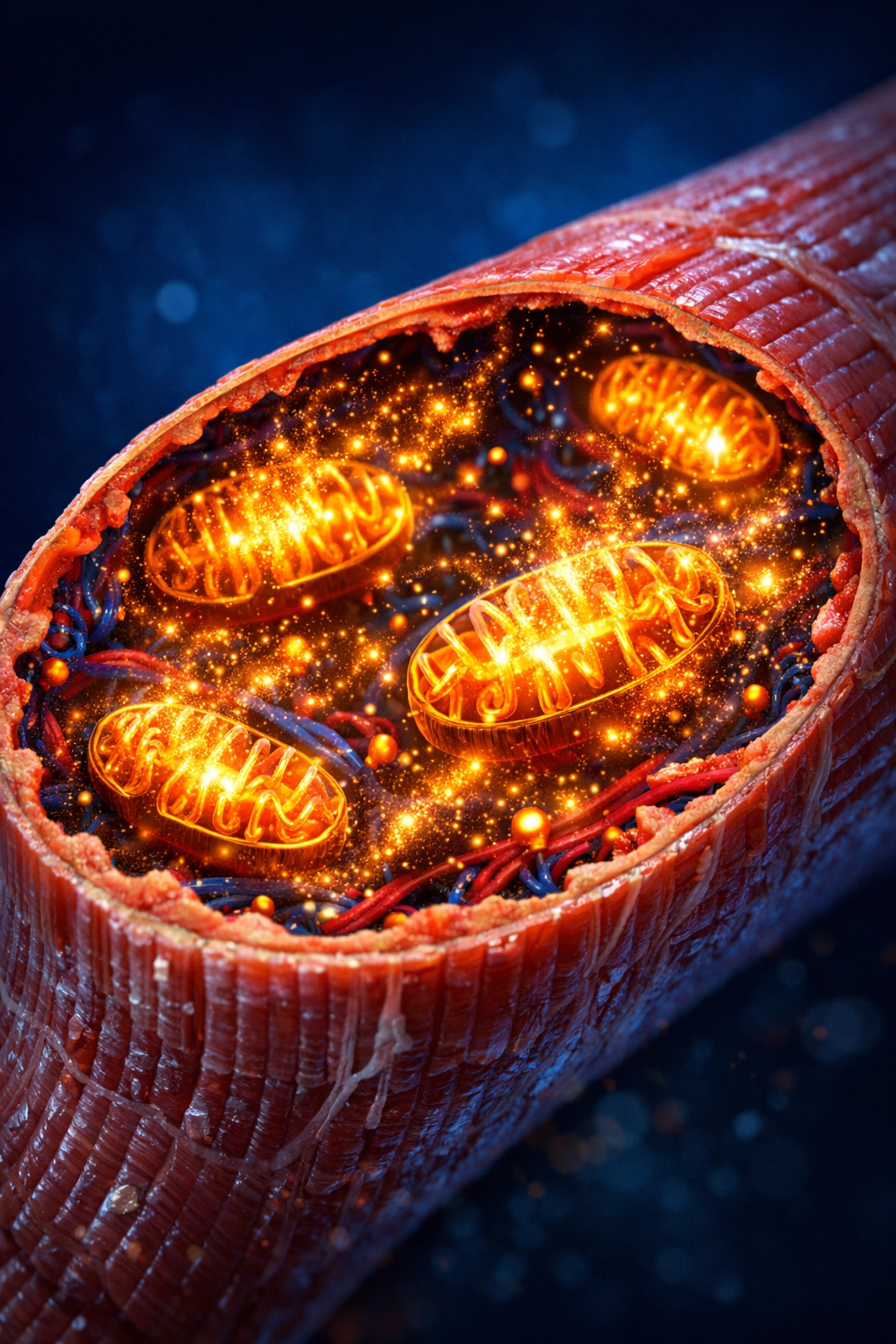 Close-up of mitochondria glowing inside muscle cells to illustrate the metabolic afterburn effect.